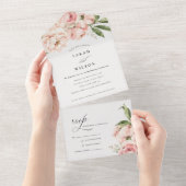 Pastel Soft Blush Peach Peony Floral Wedding All In One Uitnodiging (Afscheurbaar)