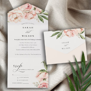 Pastel Soft Blush Peach Peony Floral Wedding All In One Uitnodiging