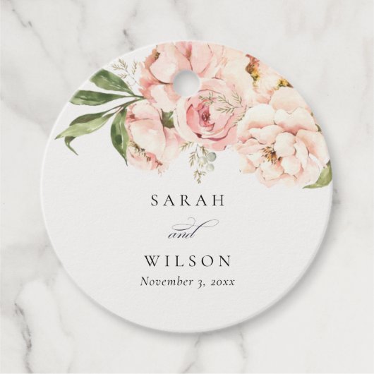 Pastel Soft Blush Peach Peony Floral Wedding Favor Bedankjes Labels (Voorkant)