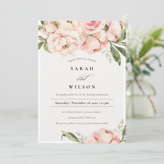 Pastel Soft Blush Peach Peony Floral Wedding Kaart (Staand voorkant)