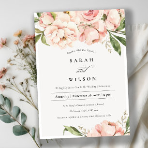 Pastel Soft Blush Peach Peony Floral Wedding Kaart