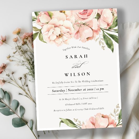 Pastel Soft Blush Peach Peony Floral Wedding Kaart
