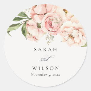 Pastel Soft Blush Peach Peony Floral Wedding Ronde Sticker
