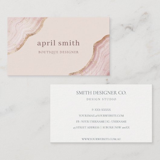 Pastel Soft Blush Roos Gold Agate Marble Texture Visitekaartje (Voorkant / Achterkant)