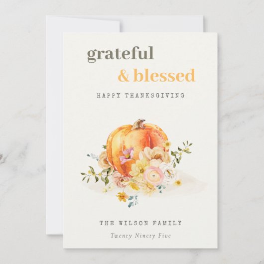 Pastel Soft Waterverf Floral Pumpkin Thanksgiving Feestdagenkaart (Voorkant)