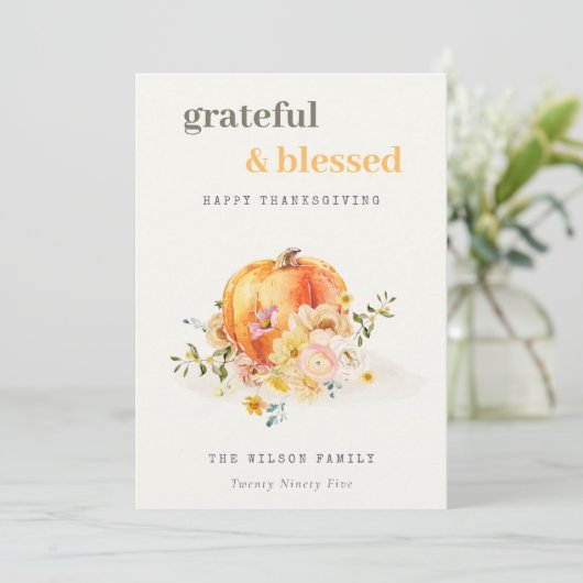 Pastel Soft Waterverf Floral Pumpkin Thanksgiving Feestdagenkaart (Staand voorkant)