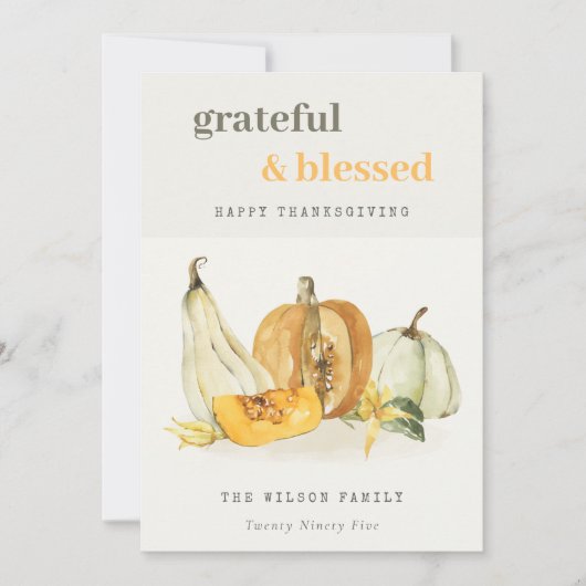 Pastel Soft Waterverf Floral Pumpkin Thanksgiving Feestdagenkaart (Voorkant)