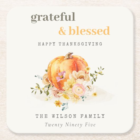 Pastel Soft Waterverf Floral Pumpkin Thanksgiving Kartonnen Onderzetters (Voorkant)