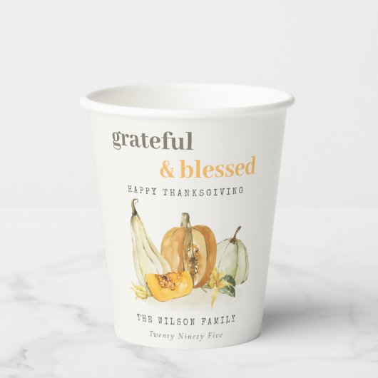 Pastel Soft Waterverf Floral Pumpkin Thanksgiving Papieren Bekers (Voorkant)