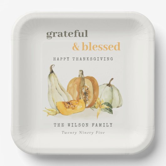 Pastel Soft Waterverf Floral Pumpkin Thanksgiving Papieren Bordje (Voorkant)