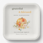 Pastel Soft Waterverf Floral Pumpkin Thanksgiving Papieren Bordje (Voorkant)