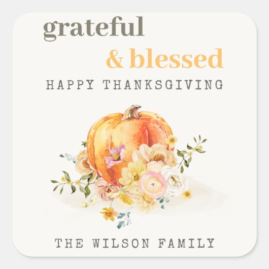 Pastel Soft Waterverf Floral Pumpkin Thanksgiving Vierkante Sticker (Voorkant)