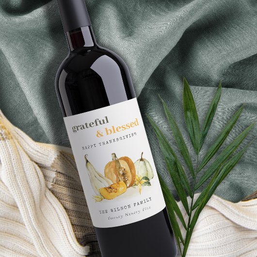 Pastel Soft Waterverf Floral Pumpkin Thanksgiving Wijn Etiket