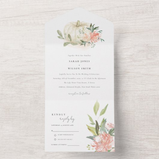Pastel Soft White Pumpkin Blush Floral Weddenschap All In One Uitnodiging (Binnen)