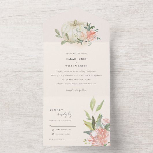 Pastel Soft White Pumpkin Blush Floral Weddenschap All In One Uitnodiging (Binnen)