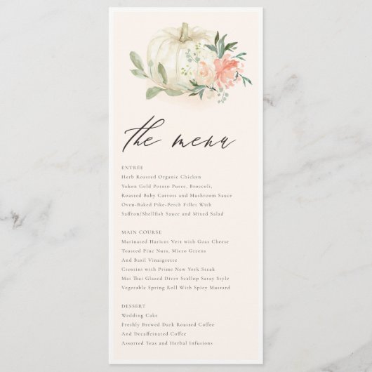 Pastel Soft White Pumpkin Blush Floral Weddenschap Menu (Voorkant)