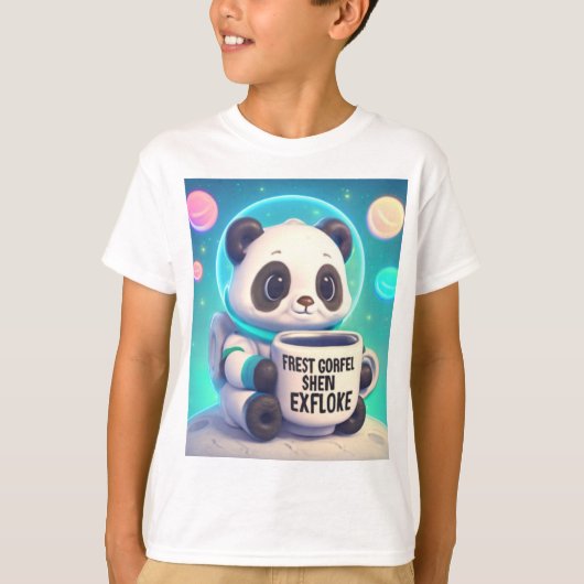 Pastel Space Panda Astronaut met koffie T-shirt (Voorkant)