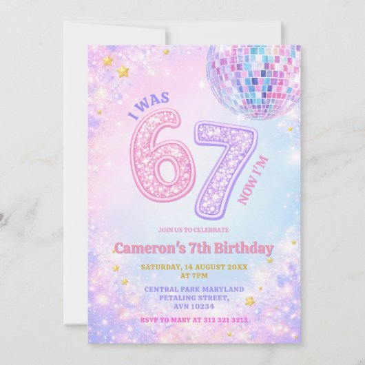 Pastel Sparkle Disco Glam 67 Kids Birthday Party Kaart (Voorkant)