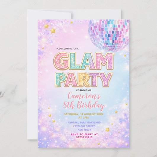 Pastel Sparkle Disco Glam Kids Birthday Party Kaart (Voorkant)