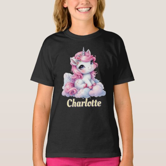 Pastel sparkle unicorn magische wolk zwart t-shirt (Voorkant)