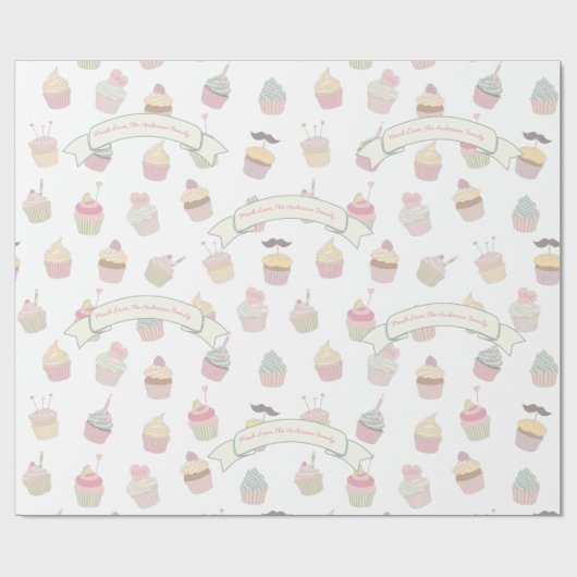 Pastel - Speciaal Cupcake Mustache Patroon Cadeaupapier (Vlak)