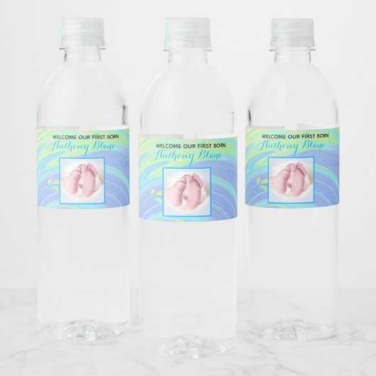 Pastel Spiral Welkom Baby Boy "Sip & See" Party Waterfles Etiket (Flessen)