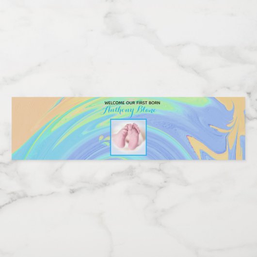 Pastel Spiral Welkom Baby Boy "Sip & See" Party Waterfles Etiket (Enkel label)