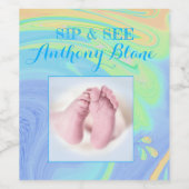 Pastel Spiral Welkom Baby Boy "Sip & See" Party Wijn Etiket (Enkel label)