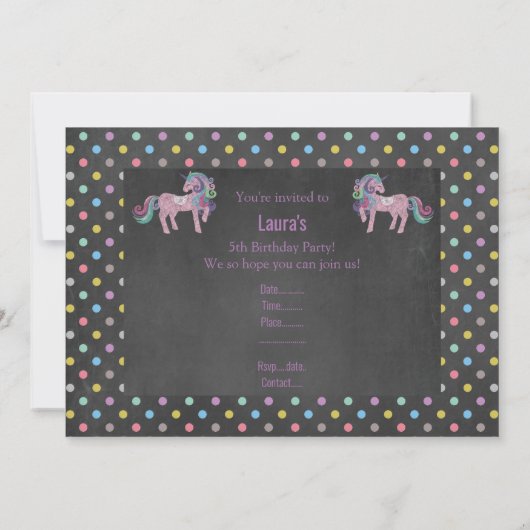 PASTEL SPOT UNICORN BIRTHDAY PARTY CHALKBOARD KAART (Achterkant)
