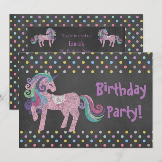 PASTEL SPOT UNICORN BIRTHDAY PARTY CHALKBOARD KAART (Voorkant / Achterkant)