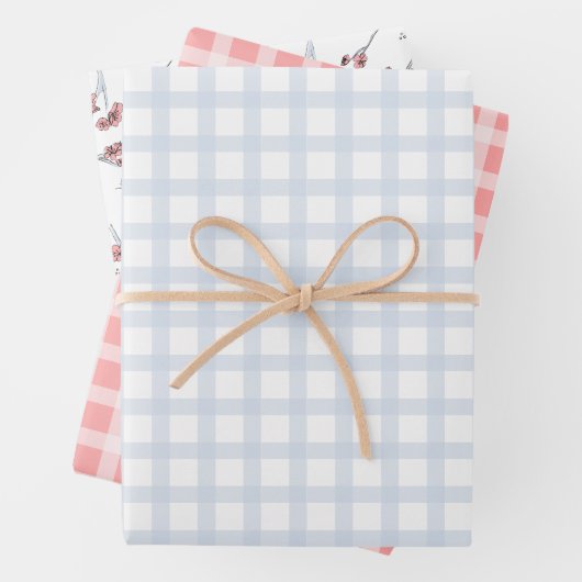 Pastel spring blauw en roze tartan en Sakura Inpakpapier Vel (In situ)