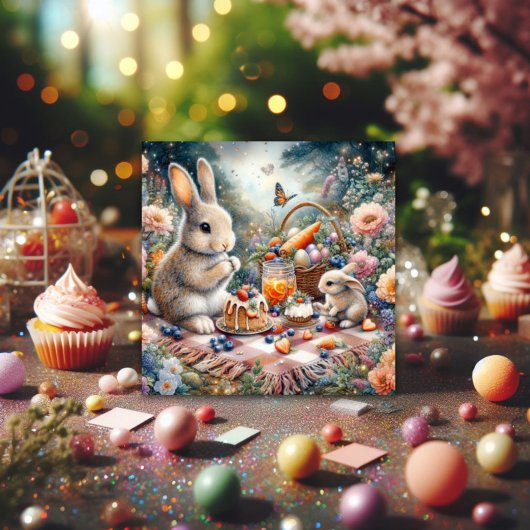 Pastel Spring Bunny Paasmand Picknick Feestdagenkaart