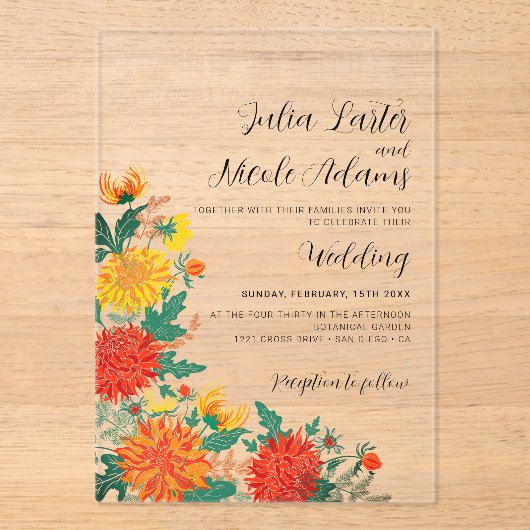 Pastel Spring Dahlia Wildflowers Krans Trouwen Acryl Uitnodigingen (Voorkant)