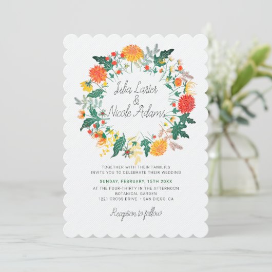 Pastel Spring Dahlia Wildflowers Krans Trouwen Kaart (Staand voorkant)