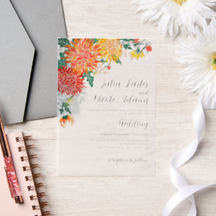 Pastel Spring Dahlia Wildflowers Krans Trouwen Vellum Uitnodigingen