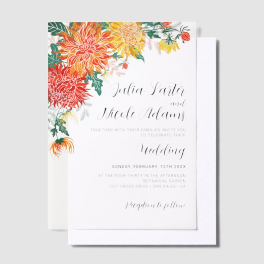 Pastel Spring Dahlia Wildflowers Krans Trouwen Vellum Uitnodigingen (Offset)