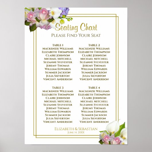 Pastel Spring Floral 4 Table Wedding Seding Chart Poster (Voorkant)