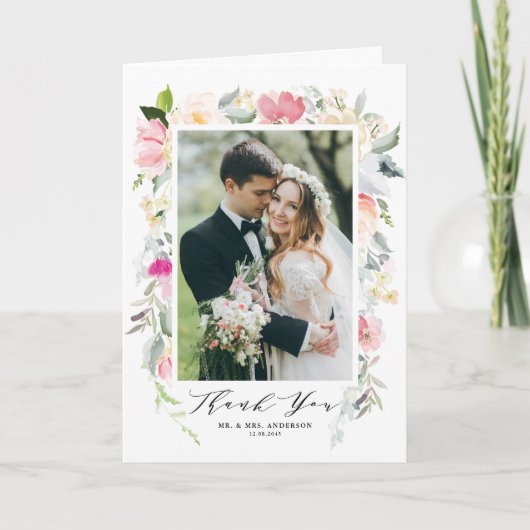 Pastel Spring Floral Blooms Lijst Foto bruiloft Bedankkaart (Voorkant)