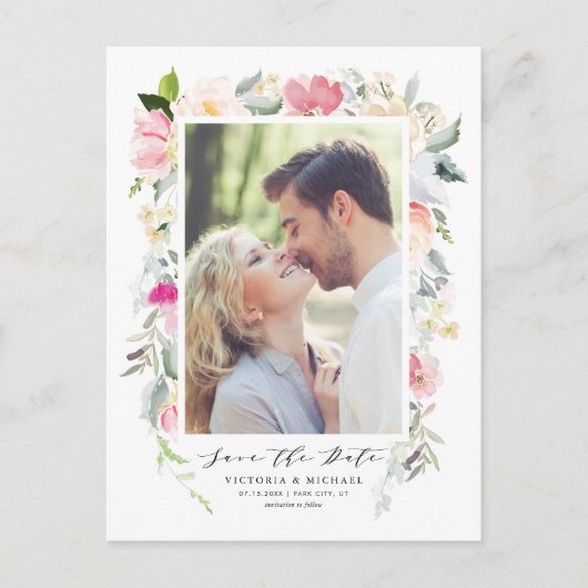Pastel Spring Floral Lijst Foto Save the Date Aankondigingskaart (Voorkant)