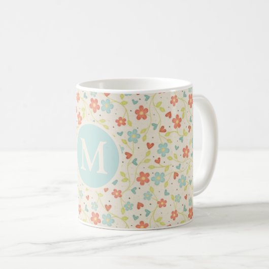 Pastel  Spring Floral Pattern Monogram Koffiemok (Voorkant rechts)