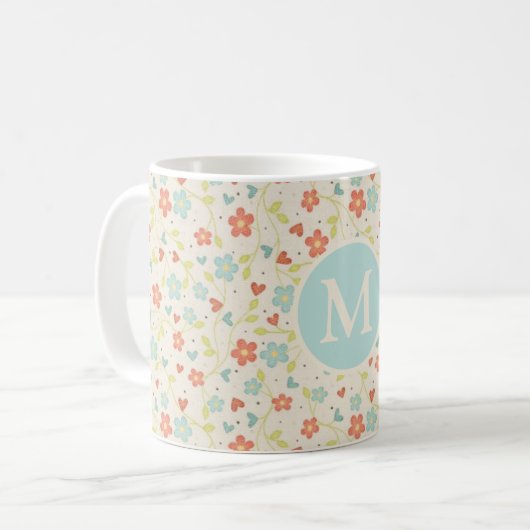 Pastel Spring Floral Pattern Monogram Koffiemok (Voorkant links)