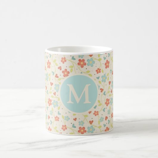 Pastel Spring Floral Pattern Monogram Koffiemok (Center)