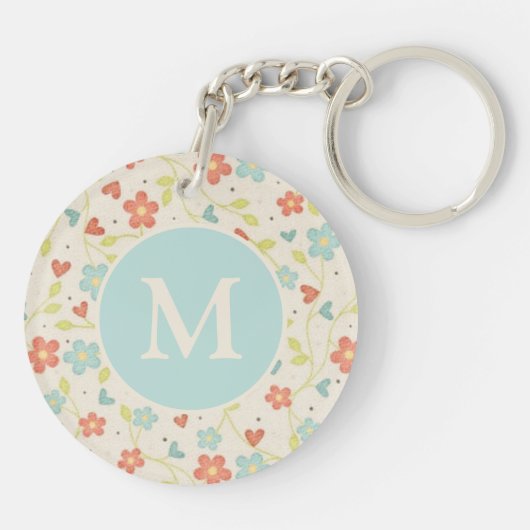 Pastel Spring Floral Pattern Monogram Sleutelhanger (Achterkant)