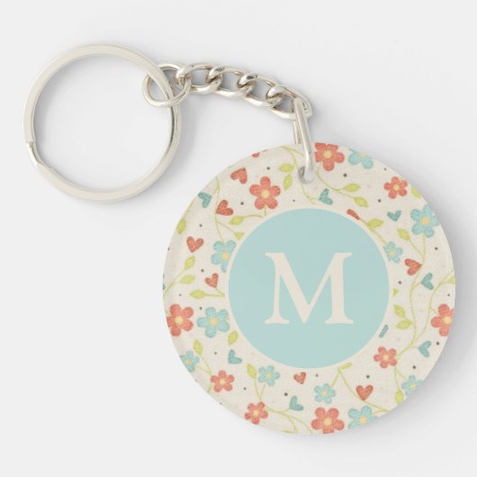 Pastel  Spring Floral Pattern Monogram Sleutelhanger (Voorkant)