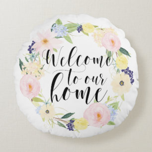 Pastel Spring Floral weest welkom in ons huis Rond Kussen