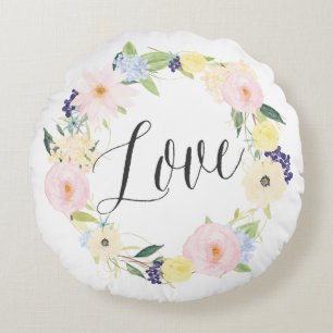Pastel Spring Floral Wreath   Love Round Pillow Rond Kussen