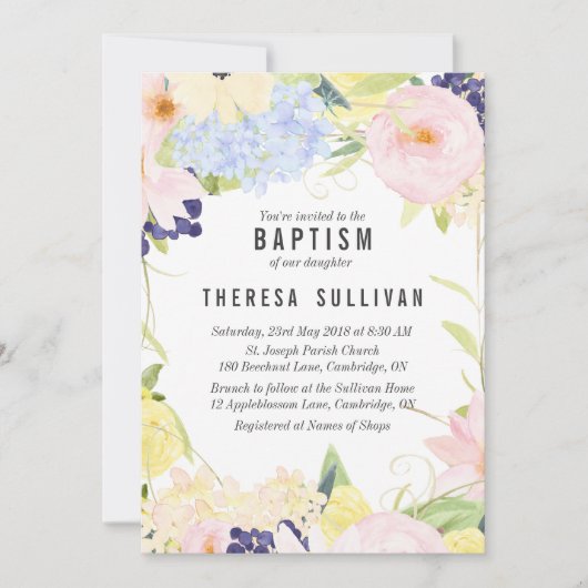 Pastel Spring Flowers Baptism Invitation Kaart (Voorkant)