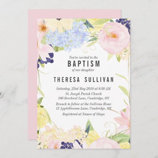 Pastel Spring Flowers Baptism Invitation Kaart (Voorkant / Achterkant)