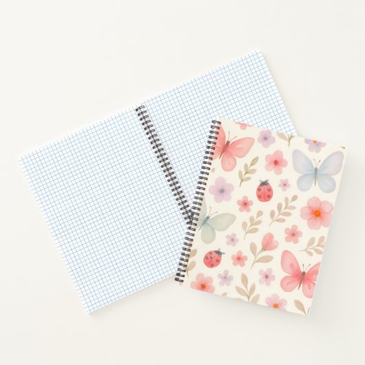 Pastel Spring Garden Pattern – Vlinders, Ladybu Notitieboek (Binnen)