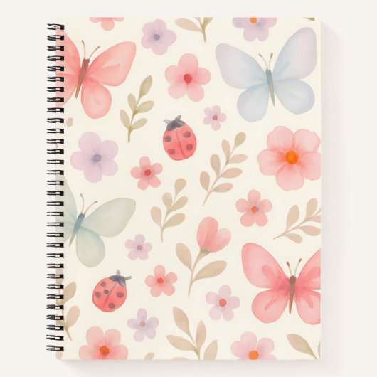 Pastel Spring Garden Pattern – Vlinders, Ladybu Notitieboek (Voorkant)